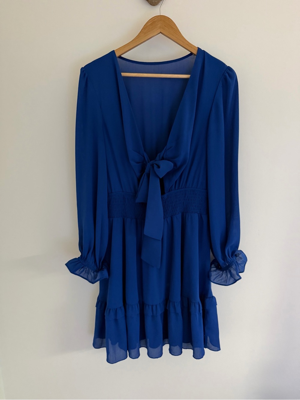 Royal Blue Tie Front Mini Dress Smocked Waist Romantic L